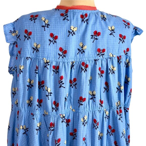 Free People Sundown Print Tunic Mini Dress M Allure Blue Combo Floral Button Tie - Picture 7 of 12